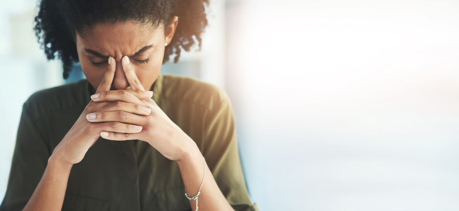 Mockup, business and black woman with stress, depression and mental health with burnout, overworked and deadline. Corporate, female employee and leader with headache, anxiety and schedule in office