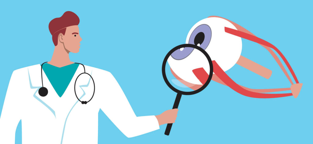 Doctor examining an eye for complications, looking for non-proliferative diabetic retinopathy
