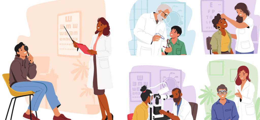 Collage of doctors looking at patients eyes during an eye exam, explaining the structure of the eye
