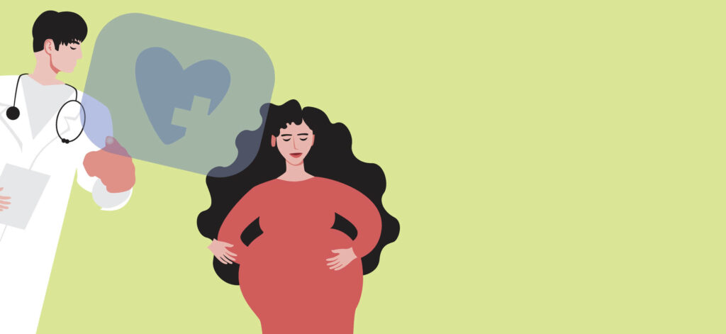 Cartoon graphic of a pregnant woman and a gyno doctor