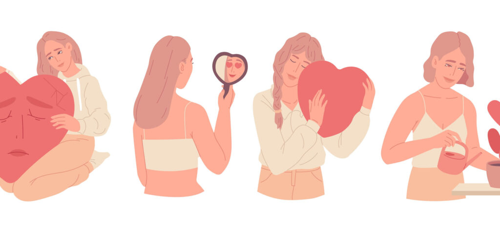 Cartoon of a woman treating herself kindly. Importance of self-compassion and weight management