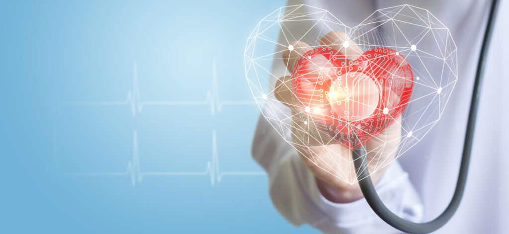 Doctor holding a stethoscope up to a virtual heart. Explaining how GLP-1 drugs can help protect the heart