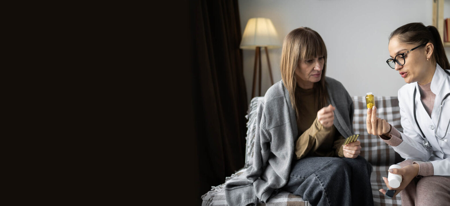 Woman, cold, going over treatment options with doctor while at home on the couch. Chronic kidney disease and anemia