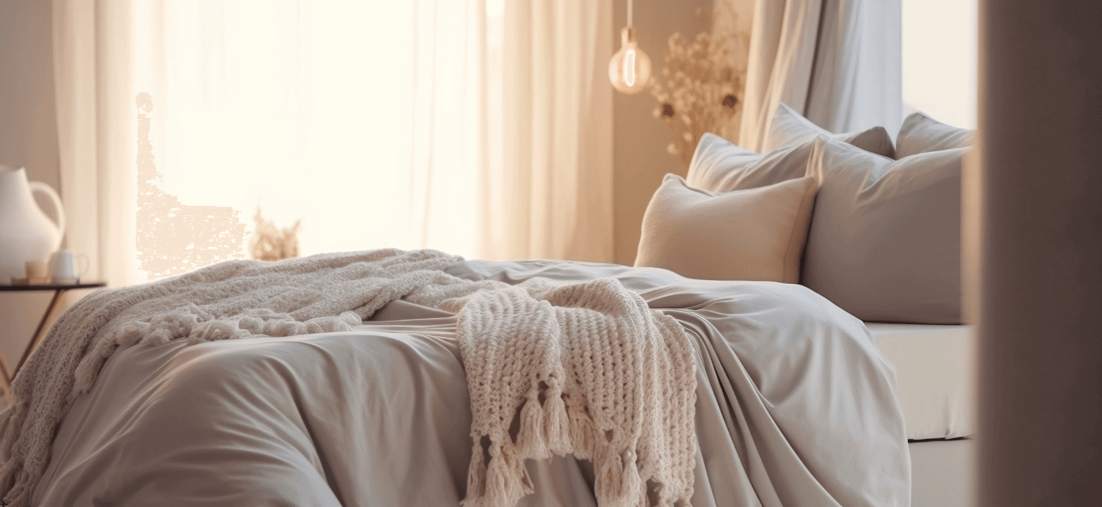 comfortable looking bed with light colored bedding with natural sunlight coming from the window