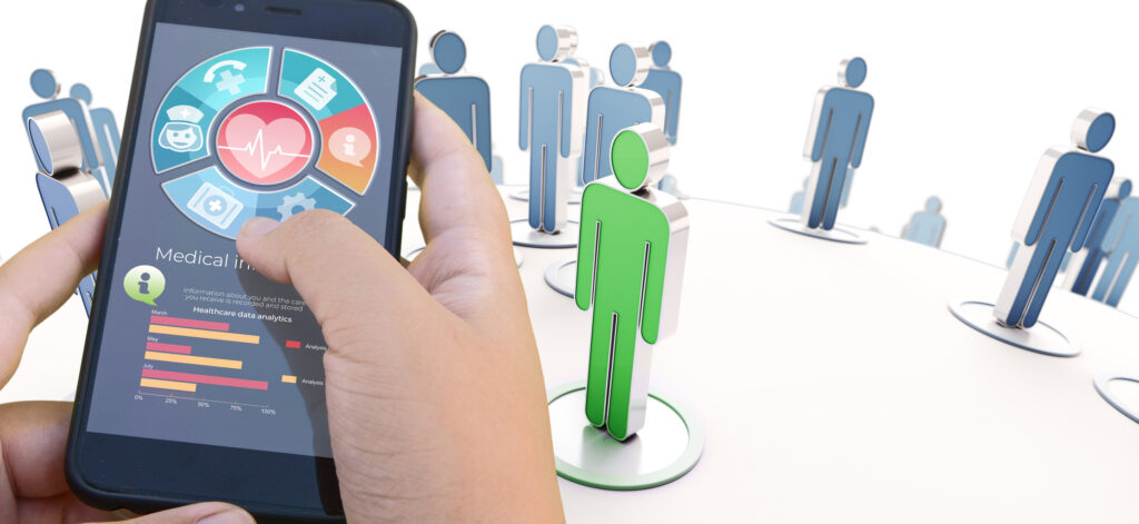 3D rendering of a healthcare app and a group of people