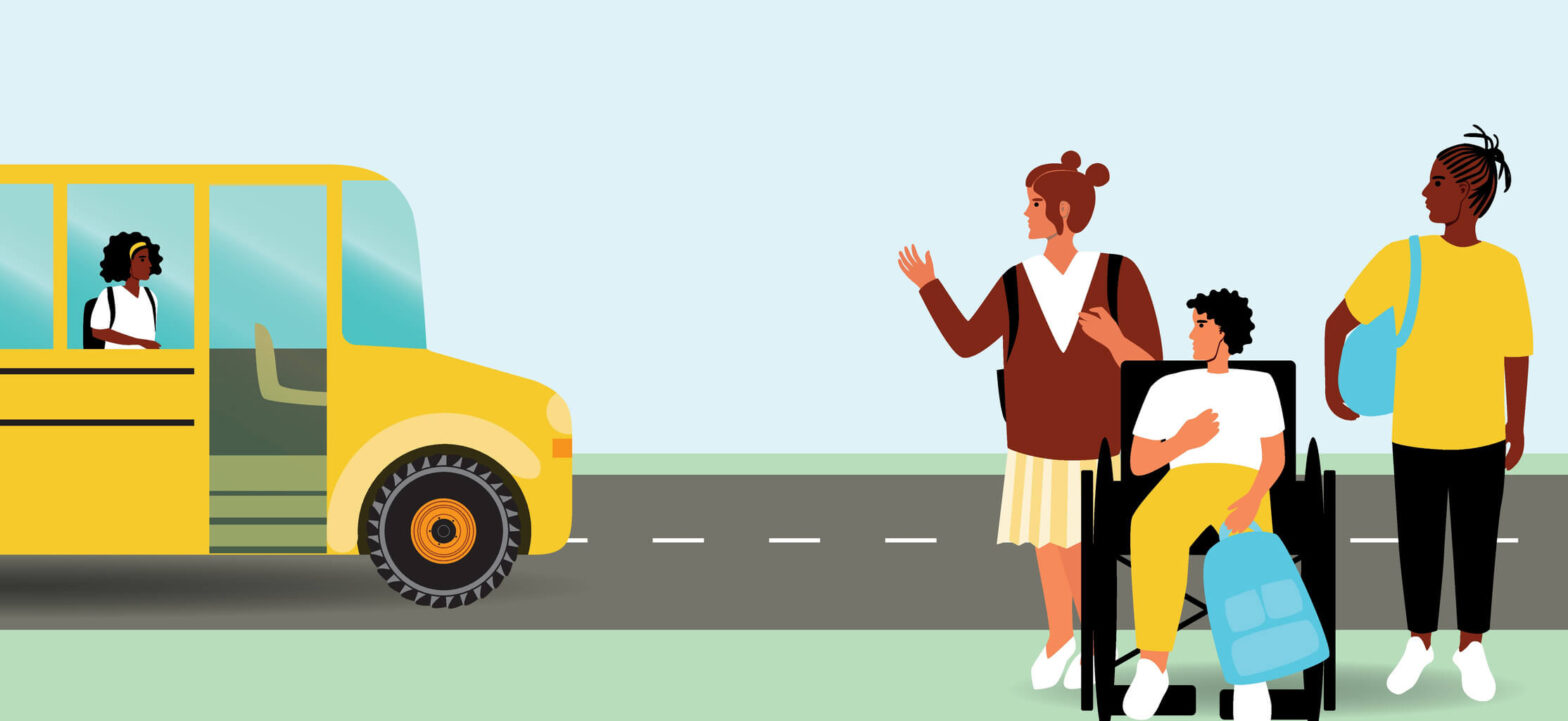 Group of kids waiting for a school bus, workplace and school accessibility and accommodations