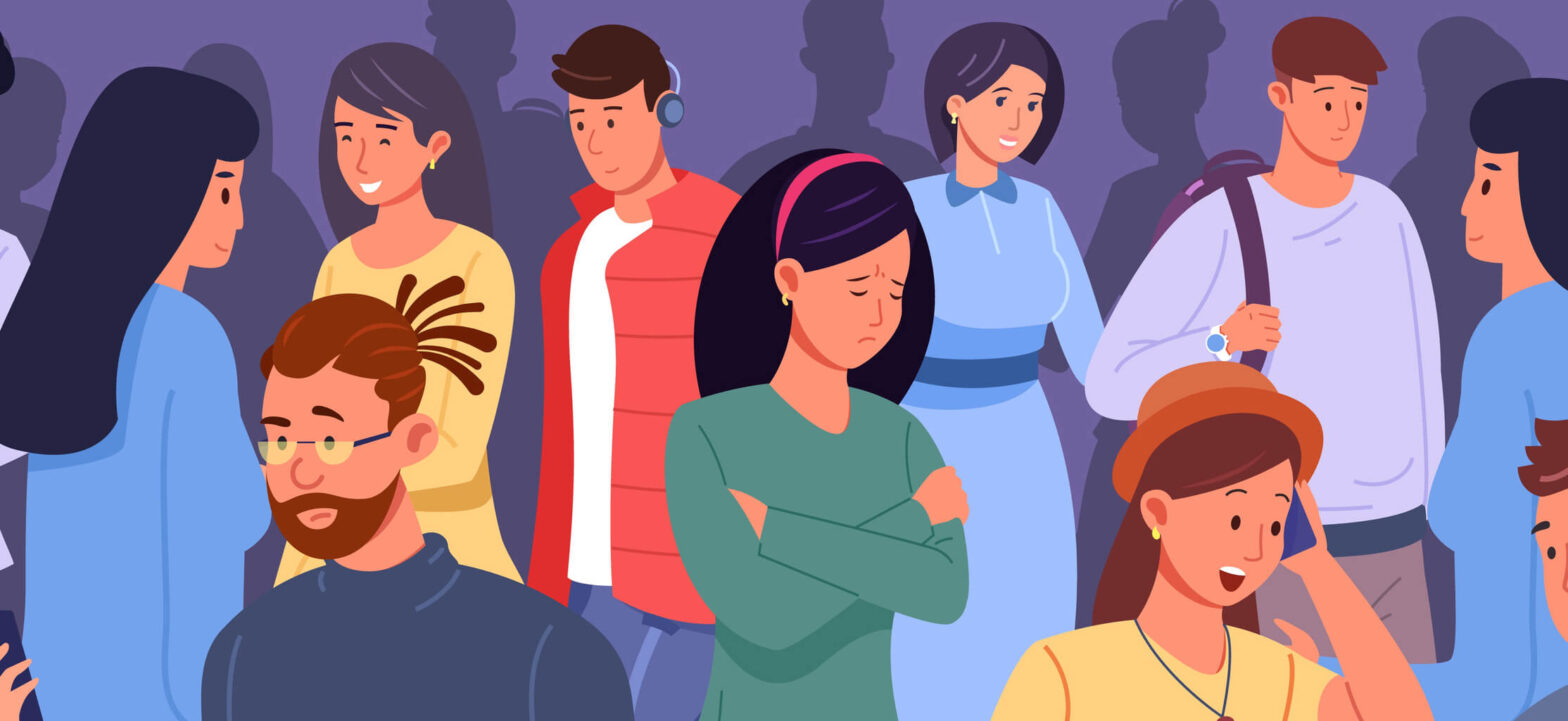 Image of a woman withdrawn in the middle of a party, dealing with anxiety. Socializing feels overwhelming