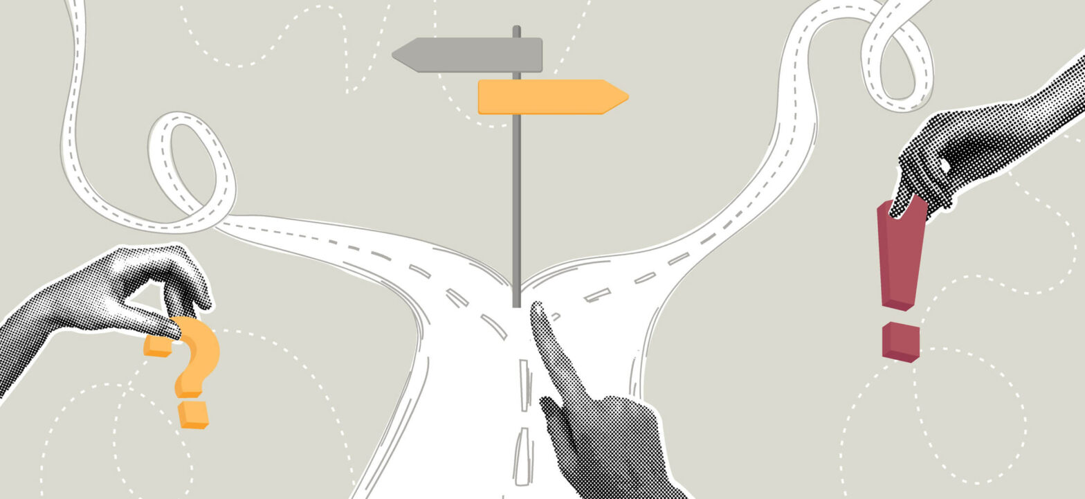 Person choosing one of two career paths in front of them