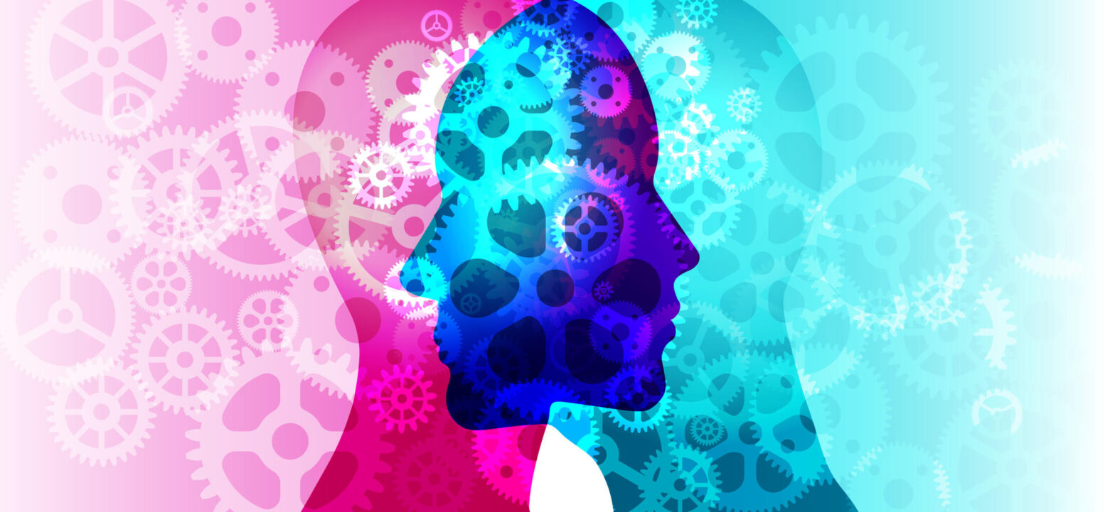 Image of head, two faces, two brains